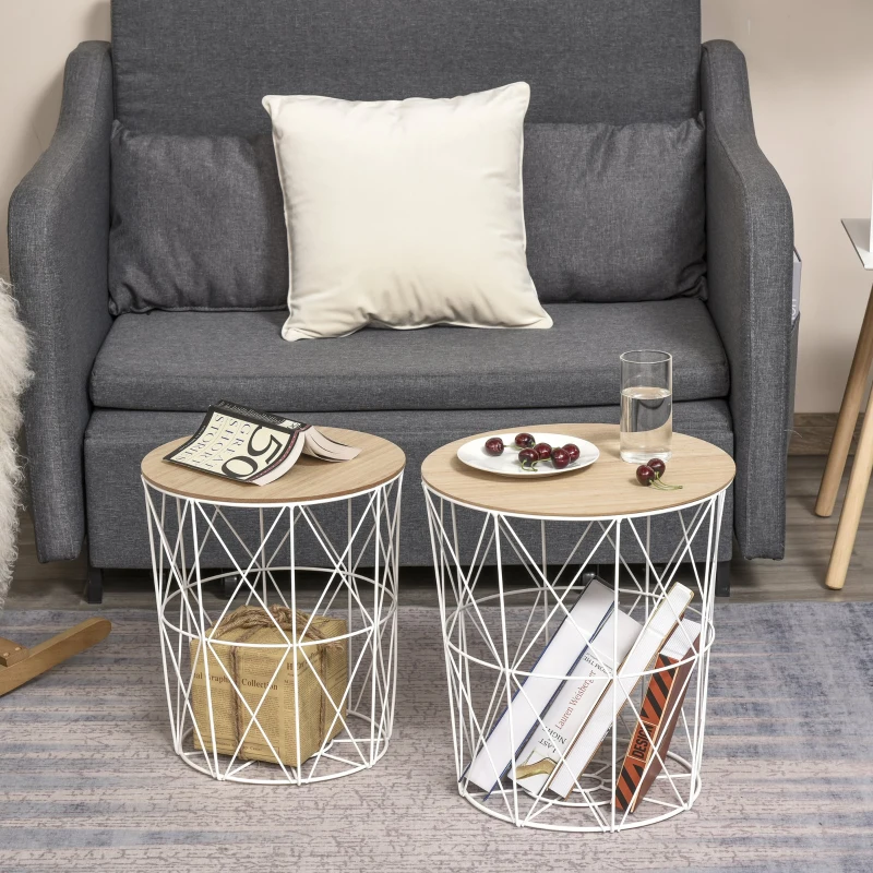 HOMCOM Set van 2 bijzettafels salontafel metalen mand rond opbergruimte