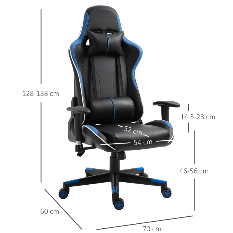 Vinsetto Gaming Stuhl mit Liegefunktion Bürostuhl Schreibtischstuhl mit Kopfstütze und Lendenkissen Griff verstellbar PVC Leder Blau+Schwarz 70 x 60 x 128-138 cm
