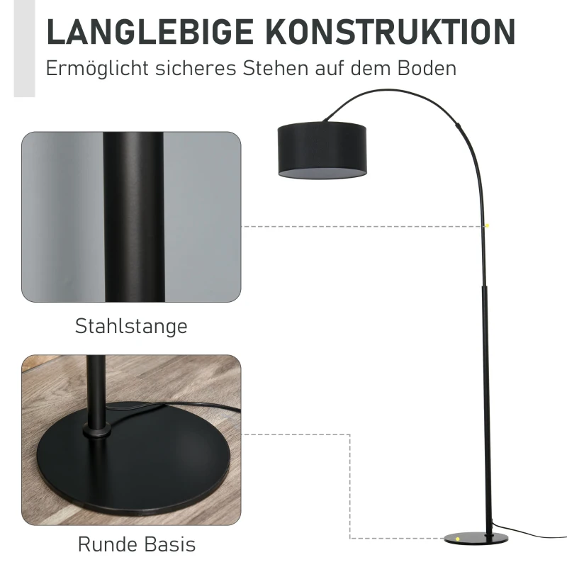 HOMCOM Stehleuchte mit 180° flexiblem Lampenschirm und verstellbarem Mast, mit rundem Metallsockel, Schlafsaal, Schwarz, Metall, Polyestergewebe, 97L x 33,5B x 179H cm