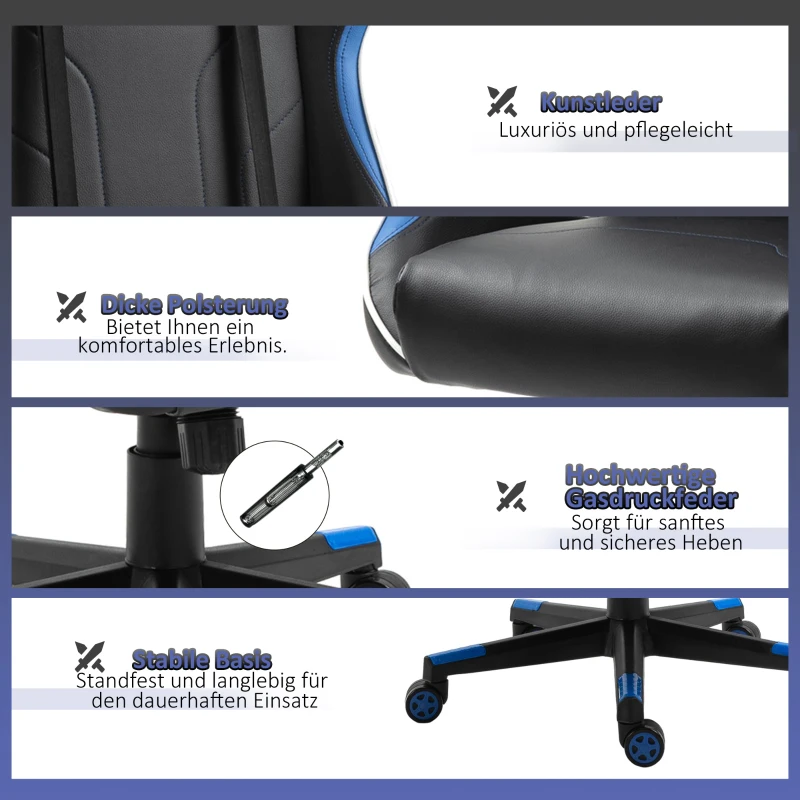 Vinsetto Gaming Stuhl mit Liegefunktion Bürostuhl Schreibtischstuhl mit Kopfstütze und Lendenkissen Griff verstellbar PVC Leder Blau+Schwarz 70 x 60 x 128-138 cm
