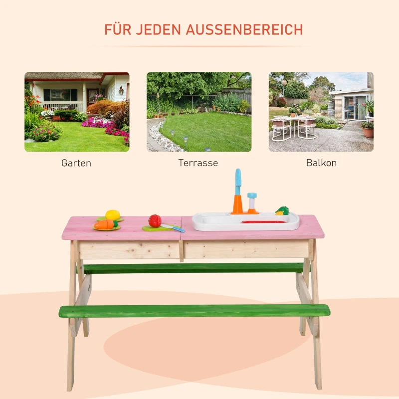Outsunny 2-in-1 Kinder Campingtisch mit 2 Sitzbänke Matschküche Spieltisch mit Wasserhahn Holz Spieltisch für Kinder 3-7 Jahren Fichte PP-Kunststoff 94 x 89 x 50,5 cm