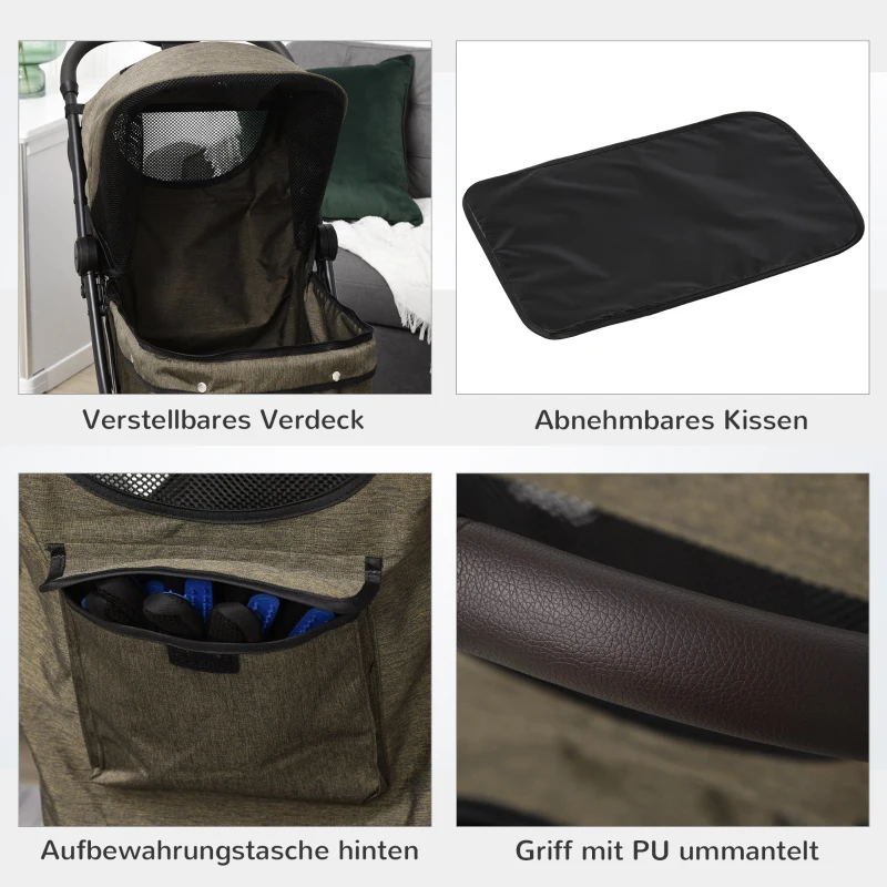 PawHut Hundewagen Hundebuggy Buggy für Hunde und Katzen Haustierwagen mit Klappfunktion Einkaufstasche Alu Braun 80 x 53 x 101 cm
