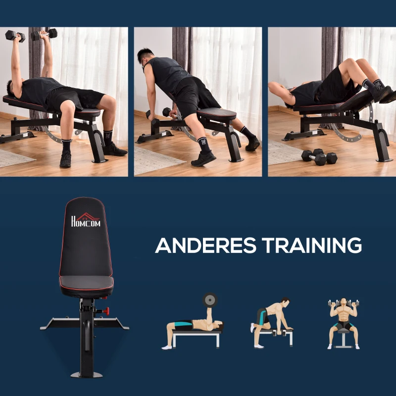 HOMCOM halterbank krachtstation met 3 niveaus verstelbaar zitkussen trainingsbank gewicht tot 200 kg staal kunstleer zwart + rood 150 x 60 x 50-127 cm