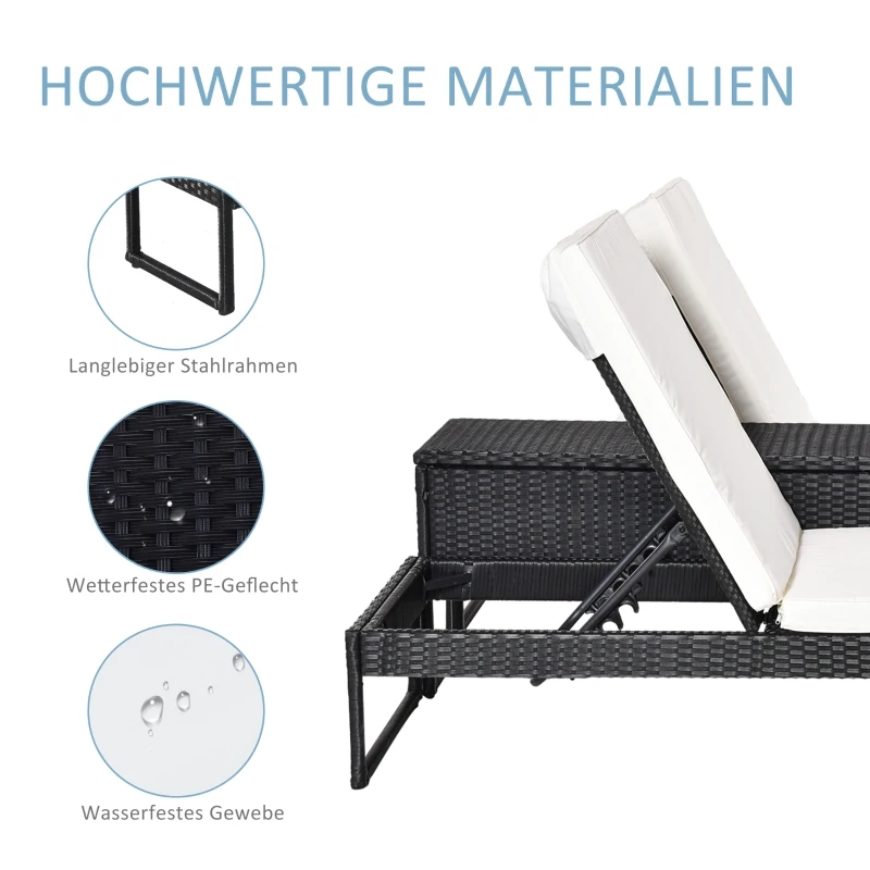 Outsunny dreiteiliges Set Sonnenliege mit verstellbarer Rücklehne Garten Liege Teetisch Flammhemmende Polsterung Metall PE-Rattan Polyester Schwarz+Cremeweiß 195 x 60 x 86 cm