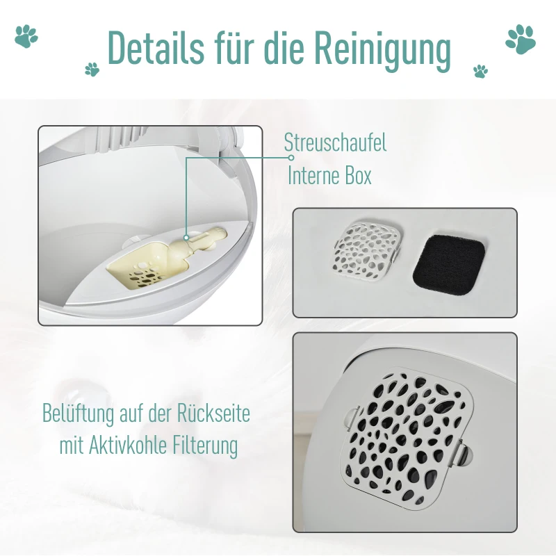 PawHut Katzentoilette mit Deckel Katzentoilette Katzenklo mit Haube Bodenschale Schaufel Flip-Top PP ABS Weiß+Grau 53,5 x 51 x 46,5 cm