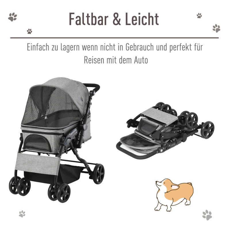 PawHut Hundewagen Hundebuggy Katzenbuggy mit vier Rädern klappbar Hunde Katze Oxford Grau 97 x 62 x 105 cm