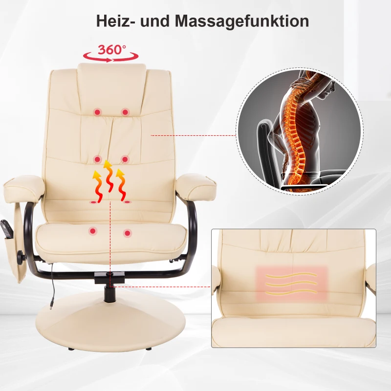 HOMCOM Kunstleder Massagesessel Relaxsessel Fernsehsessel TV Sessel mit Wärmefunktion inkl. Hocker Beige