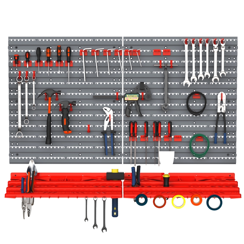 DURHAND Werkzeuglochwand Wandregal 54 tlg Werkzeughalter Werkzeugwand für Werkstatt Sichtlagerkästen Hakenset PP Grau+Rot 95,5 x 23 x 53,5 cm