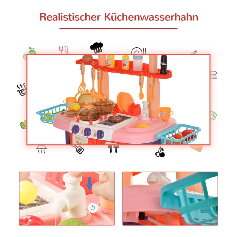 HOMCOM Kinderküche mit Zubehör, 51-Teilige Spielküche Spielzeugküche Kunststoff, Rosa+Violett, 71,5x35x85,5 cm