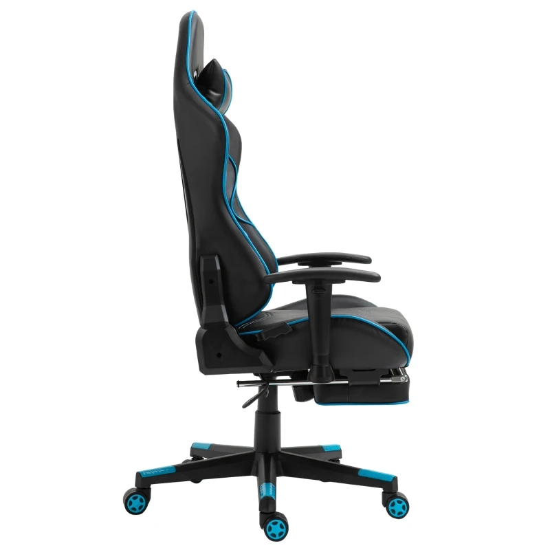 Vinsetto Gamingstuhl mit Kopfstütze Lendenkissen Bürostuhl mit Fußstütze höhenverstellbarer Schaumstoff Nylon Kunstleder Schwarz+Blau 72 x 77 x 128-138 cm