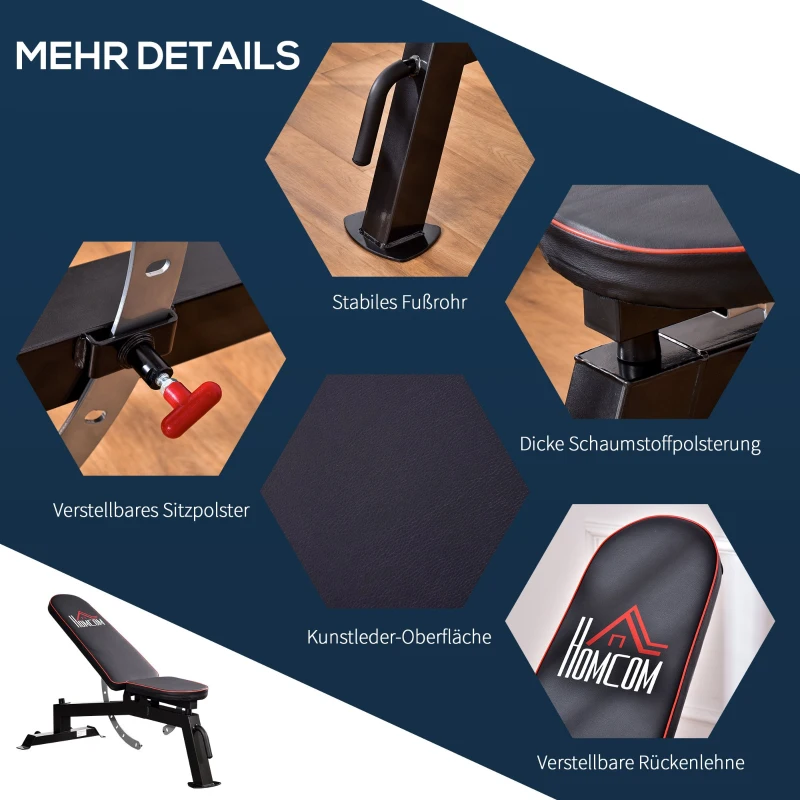 HOMCOM halterbank krachtstation met 3 niveaus verstelbaar zitkussen trainingsbank gewicht tot 200 kg staal kunstleer zwart + rood 150 x 60 x 50-127 cm