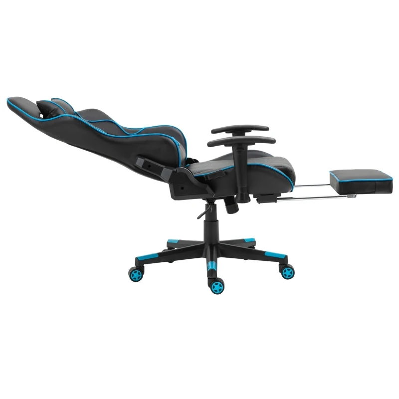 Vinsetto Gamingstuhl mit Kopfstütze Lendenkissen Bürostuhl mit Fußstütze höhenverstellbarer Schaumstoff Nylon Kunstleder Schwarz+Blau 72 x 77 x 128-138 cm