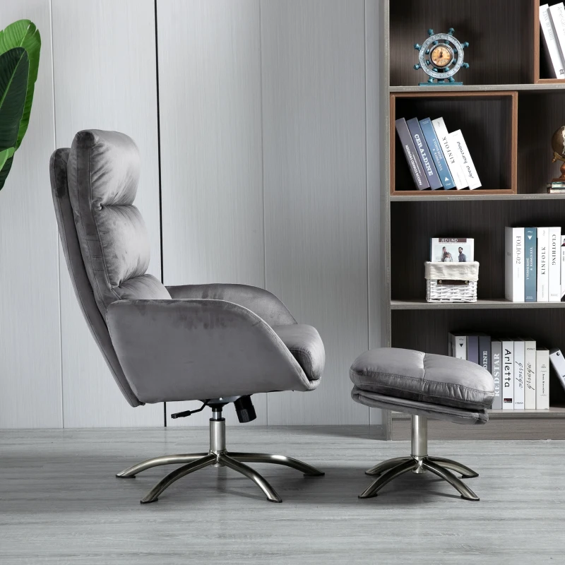 HOMCOM Relaxsessel mit Hocker Fernsehsessel mit Wippenfuntion Stahl Samt Grau+Silber 68 x 74 x 107 cm