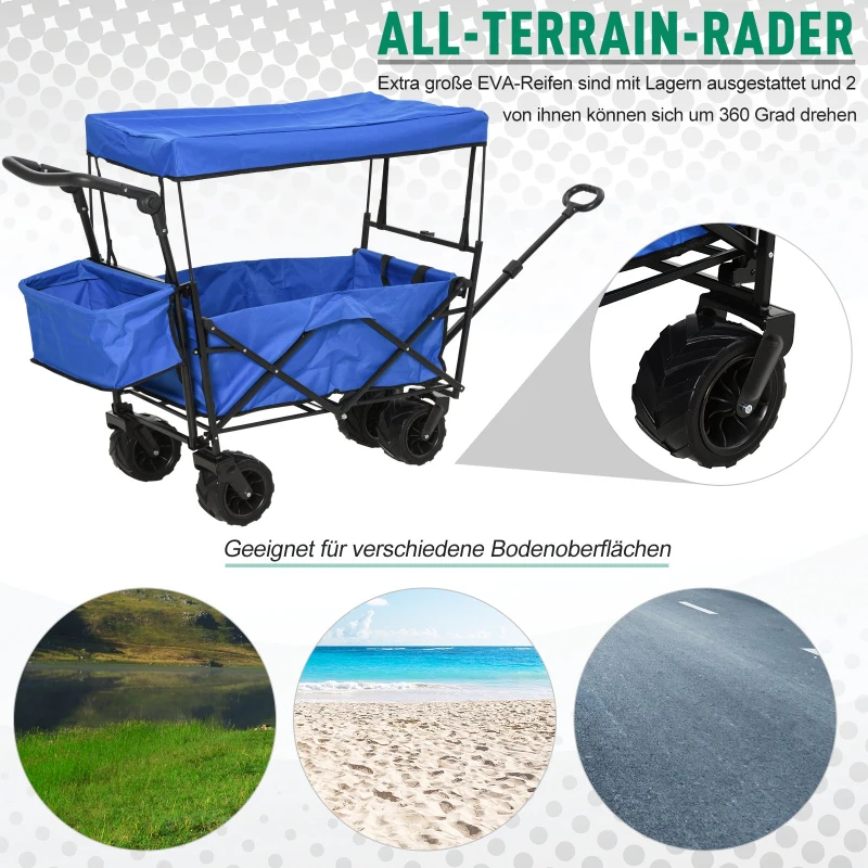 DURHAND® Bollerwagen Handwagen Gartenwagen mit Dach Faltbar extra Staubox Oxford Blau