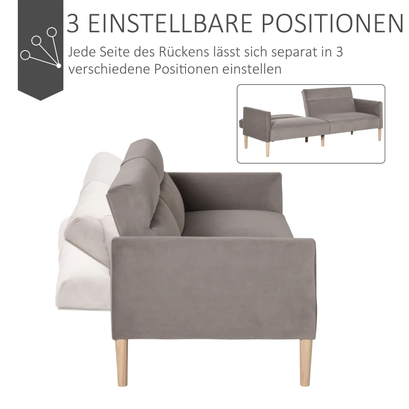 HOMCOM Schlafsofa Polstersofa mit 180° einstellbarer Rückenlehne 2 sitzer Sofa Schaumstoff Velvet-Touch nordischer Design Grau 207 x 85 x 82 cm