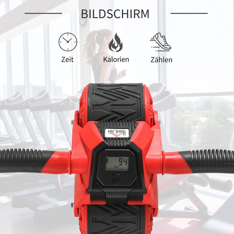 HOMCOM AB Roller Bauchtrainer Bauchroller Bauchmuskeltraining inkl. Kniematte Display ABS Gummi Rot 40 x 25 x 16 cm