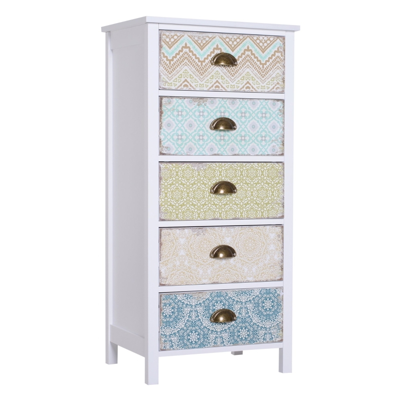 HOMCOM Kommode Schubladenkommode Schrank mit 5 Schubladen Shabby Chic Holz Bunt B46 x T34 x H97,5cm