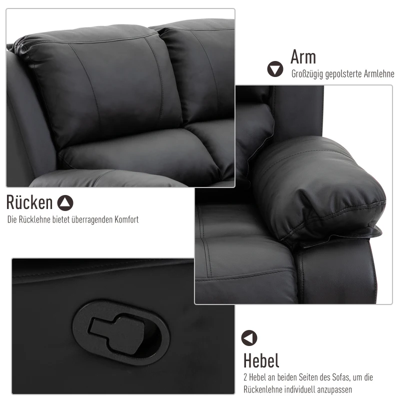 HOMCOM Doppelsofa Relaxliege Relaxsessel verstellbare Rückenlehnen PU Schwarz 141,5x 95 x 94,5 cm