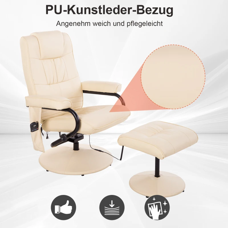 HOMCOM Kunstleder Massagesessel Relaxsessel Fernsehsessel TV Sessel mit Wärmefunktion inkl. Hocker Beige