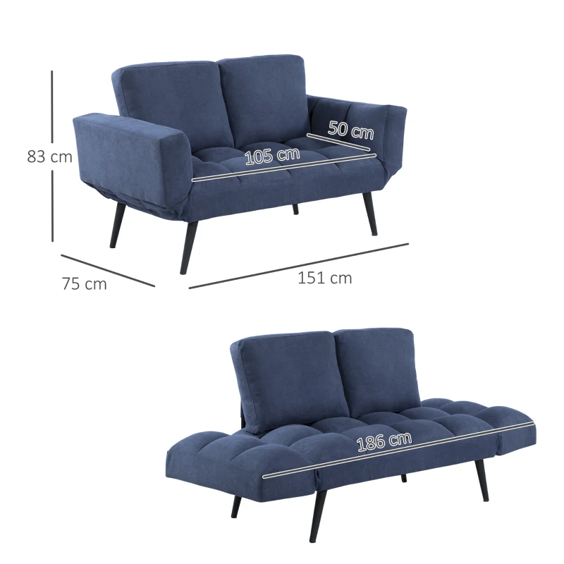 HOMCOM Schlafsofa Klappsofa 2-Sitzer Stoffsofa Bettsofa Sofa mit Schlaffunktion Sofagarnitur Flanell Metall Blau 151 x 75 x 83 cm