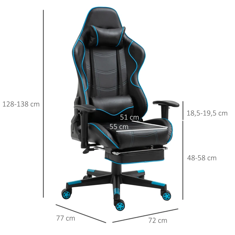 Vinsetto Gamingstuhl mit Kopfstütze Lendenkissen Bürostuhl mit Fußstütze höhenverstellbarer Schaumstoff Nylon Kunstleder Schwarz+Blau 72 x 77 x 128-138 cm