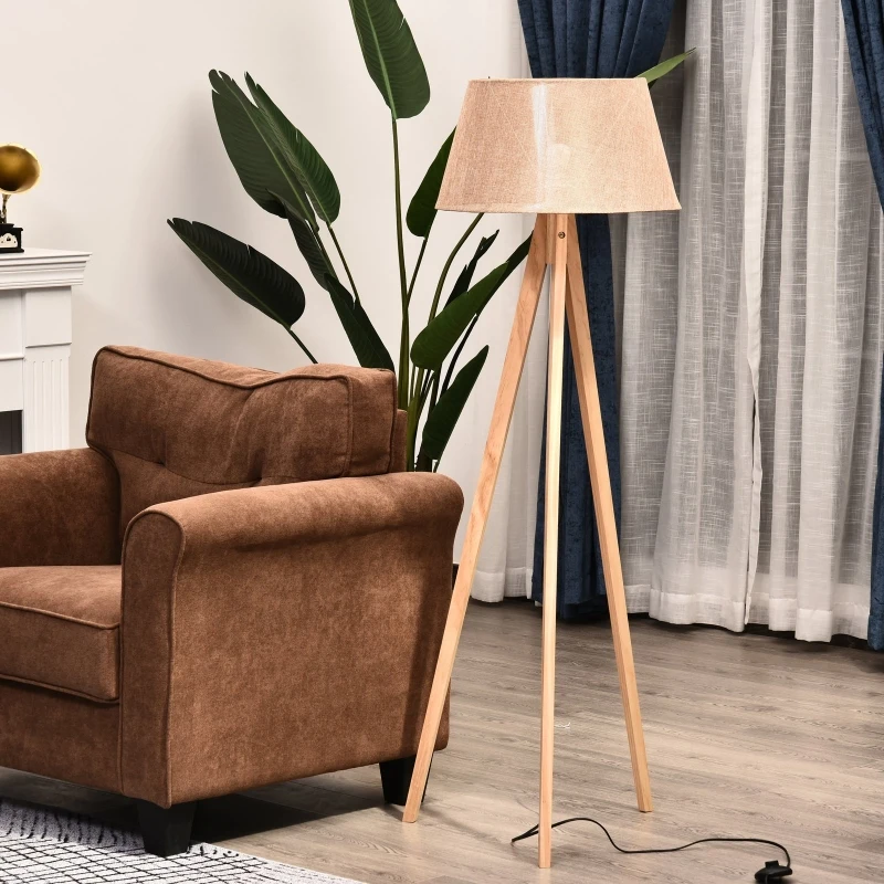 HOMCOM Stehlampe Tripod Schlafzimmer Standleuchte Stehleuchte 40 W Skandinavisch Holz + Leinen natur + beige 52 x 52 x 146 cm