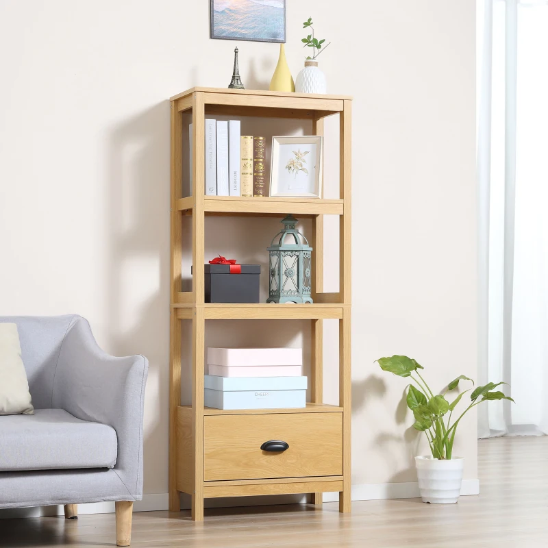 HOMCOM Strandregal Bücherregal 3-stufiges mit Schublade Büroregal Lagerregal Aktenregal Küchenregal MDF Eiche 60 x 30 x 150 cm