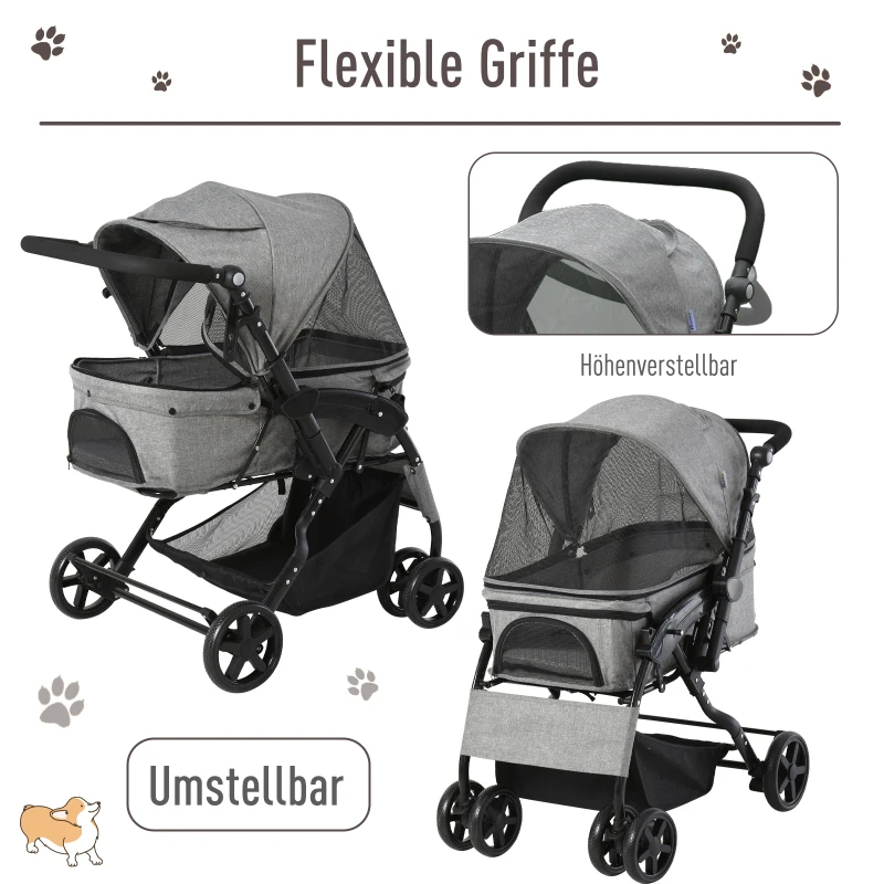 PawHut Hundewagen Hundebuggy Katzenbuggy mit vier Rädern klappbar Hunde Katze Oxford Grau 97 x 62 x 105 cm