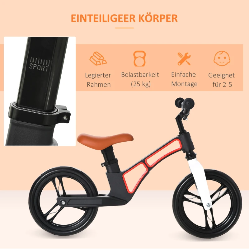 HOMCOM Laufrad ab 2 Jahre verstellbarer Sitz und Griff mit Pedaltraining Kinderlaufrad ohne Tretrad Kleinkinderfahrrad aus Magnesiumlegierung Weiß+Schwarz 86 x 41 x 49-56 cm