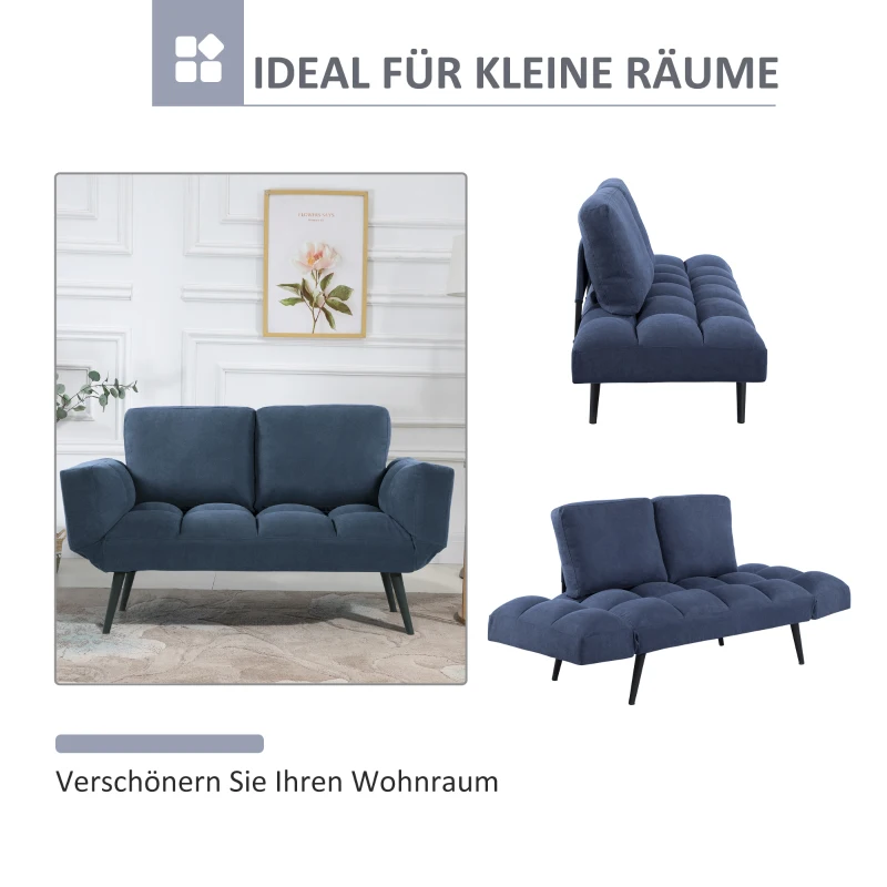 HOMCOM Schlafsofa Klappsofa 2-Sitzer Stoffsofa Bettsofa Sofa mit Schlaffunktion Sofagarnitur Flanell Metall Blau 151 x 75 x 83 cm