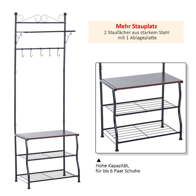 HOMCOM Garderobenständer Kleiderständer Garderobe mit 3 Schuhablagen 5 Haken Flur Stahl Schwarz L60 x B35 x H175cm
