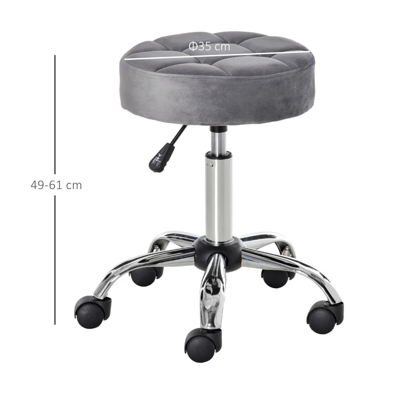 HOMCOM krzesło do salonu na kółkach stołek na kółkach z regulacją wysokości obrotowy hoker do salonu aksamitny dotyk pianka chromowana podstawa szary 35 x 35 x 49-61 cm