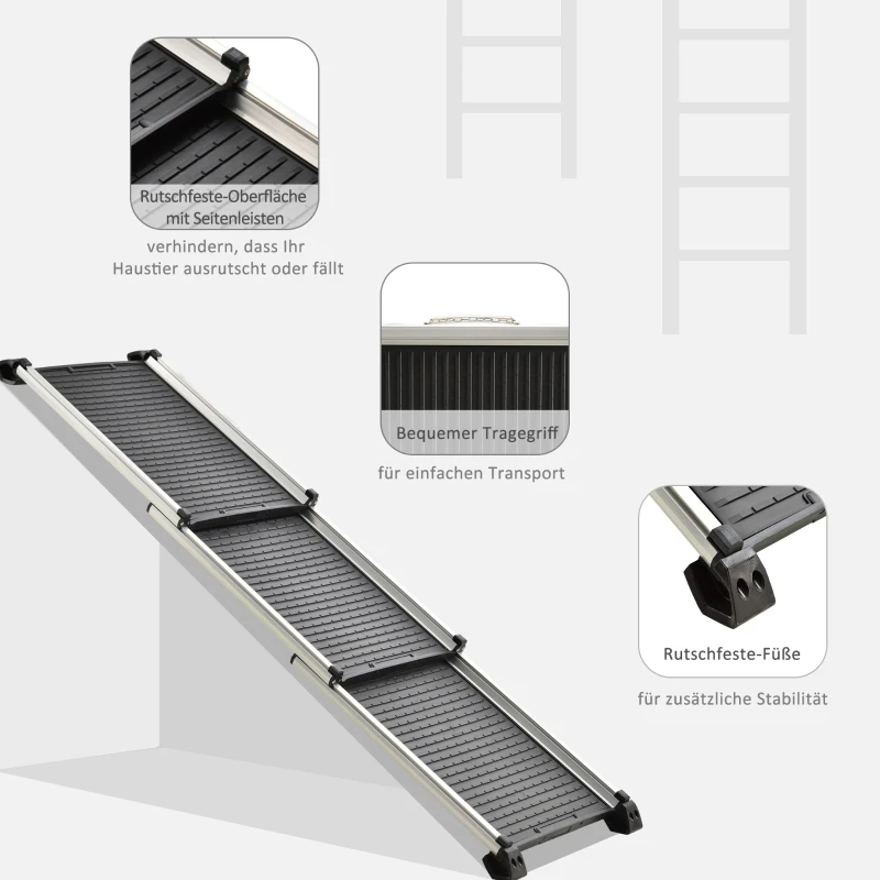 PawHut Hunderampe Haustierrampe Hundetreppe klappbar, Alu+PP, Schwarz, 159 x 42 x 11,5 cm
