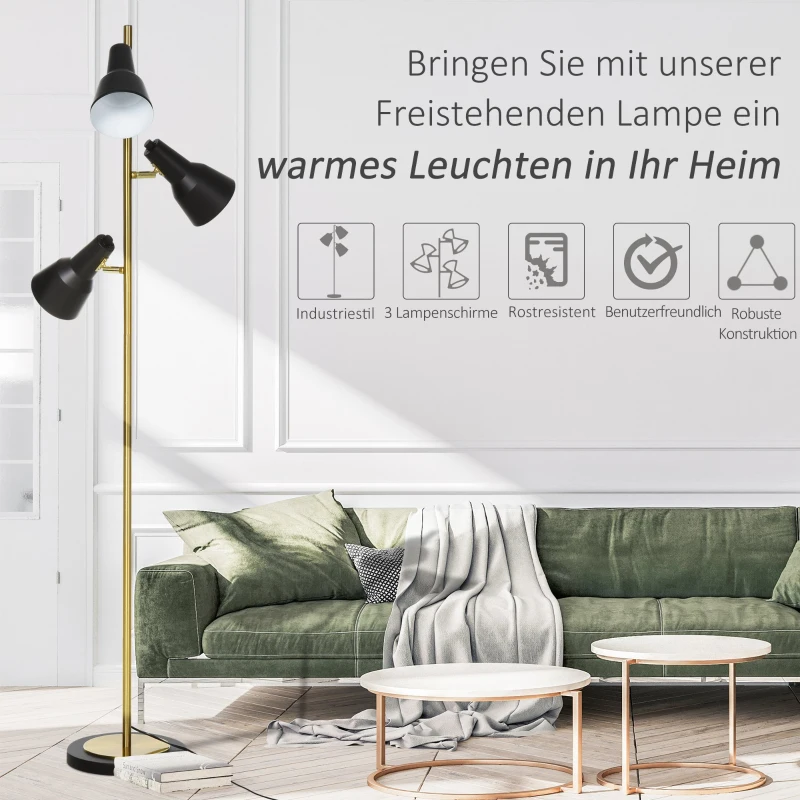 HOMCOM Stehlampe mit 3 Leuchten, Stehleuchte mit Verstellbaren Schirmen, Standleuchte E27, Metall, Bronze, 32 x 32 x 150cm