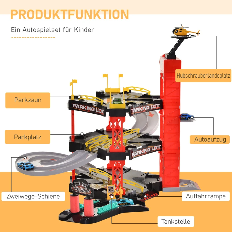 Tor wyścigowy dla dzieci Tor samochodowy Parking trzypoziomowy dla samochodów zabawkowych czerwony