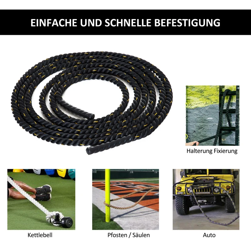 HOMCOM trainingstouw fitnesstouw schommeltouw met warm krimpende handgrepen, waterdicht, weerbestendig en schijfvast voor spieropbouw kracht uithouding crossfit 100% polyester zwart + geel Ø 38 mm x 9 m