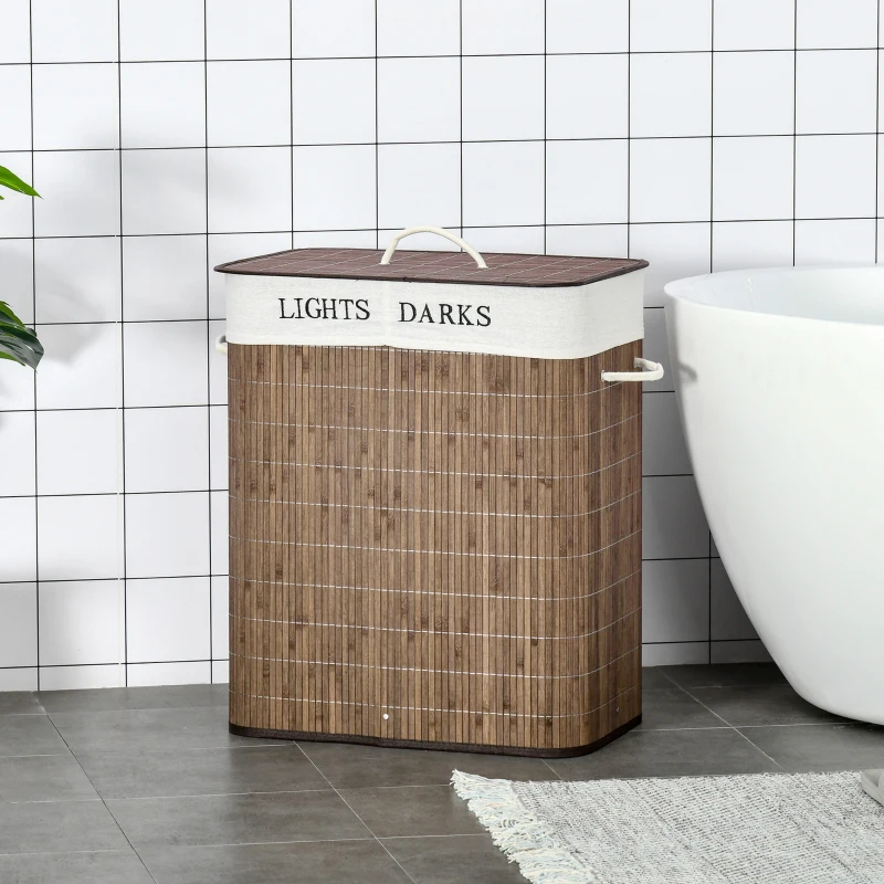 HOMCOM 100L kosz na pranie pojemnik na pranie organizator na pranie z 3 uchwytami wyjmowany bambus poliester bawełna metal brązowy + biały 52 x 32 x 63 cm