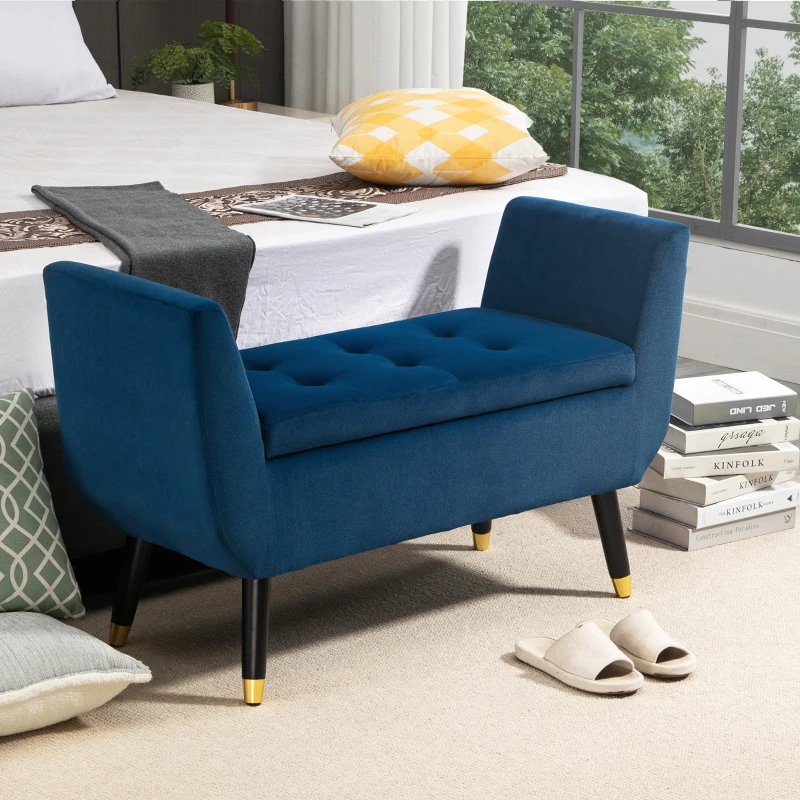 HOMCOM Luxury Ottoman Bench with Storage Armrests Chest Velvet Polyester Rubberwood Blue 107 x 42 x 65 cm