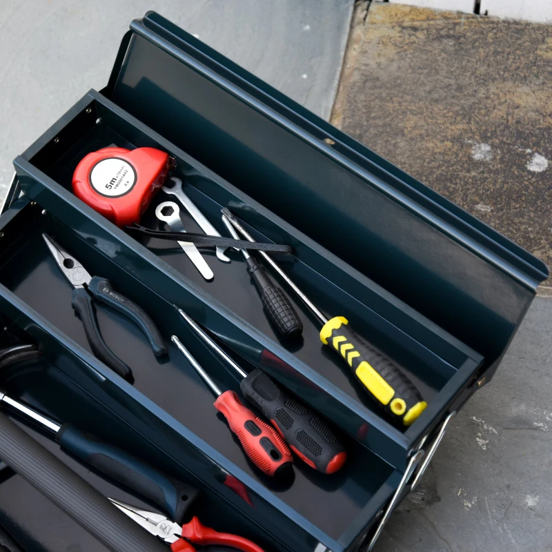 Skrzynka na Narzędzia DURHAND z 3 Poziomami i 5 Składanymi Przegrodami, Ciemnozielona