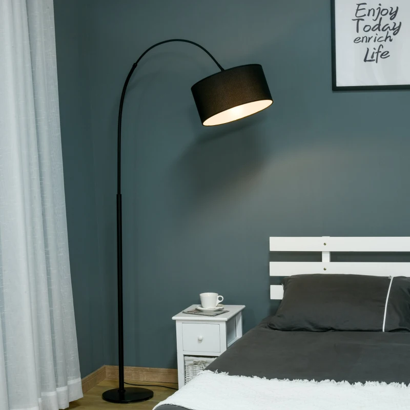 HOMCOM Stehleuchte mit 180° flexiblem Lampenschirm und verstellbarem Mast, mit rundem Metallsockel, Schlafsaal, Schwarz, Metall, Polyestergewebe, 97L x 33,5B x 179H cm