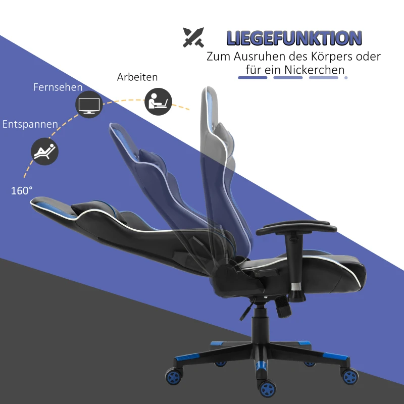 Vinsetto Gaming Stuhl mit Liegefunktion Bürostuhl Schreibtischstuhl mit Kopfstütze und Lendenkissen Griff verstellbar PVC Leder Blau+Schwarz 70 x 60 x 128-138 cm