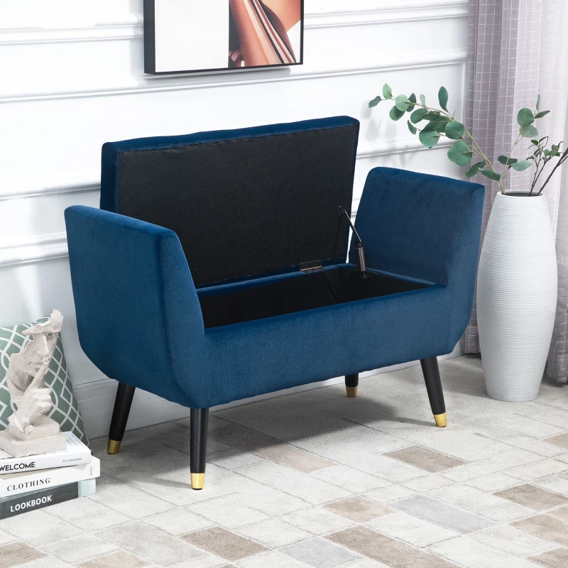HOMCOM Luxury Ottoman Bench with Storage Armrests Chest Velvet Polyester Rubberwood Blue 107 x 42 x 65 cm