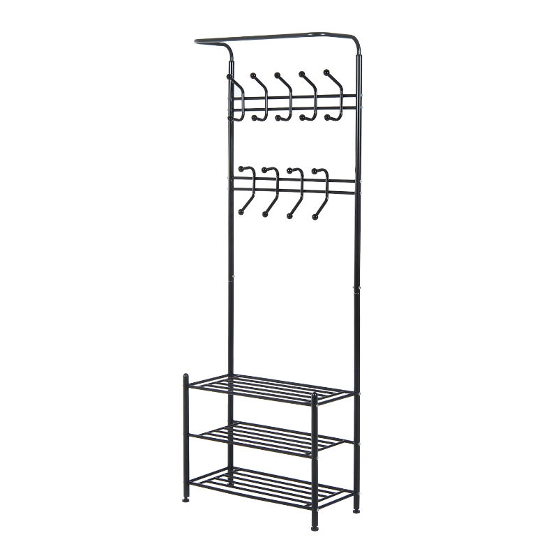 HOMCOM Kleiderständer 18 haken Wandgarderobe mit Schuhablage Metall Schwarz L67 x B30 x H185 cm