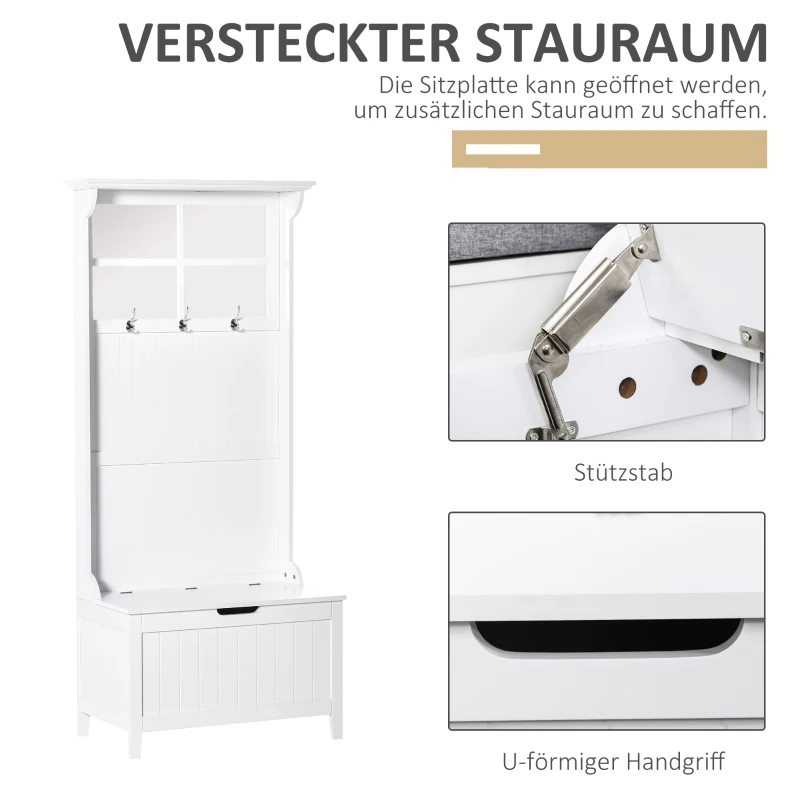 HOMCOM moderner Garderobenständer mit Bank Spiegel Kleiderbügel mit 3 Haken Aufbewahrungsschrank für Flur Schlafzimmer Wohnzimmer Weiß MDF 81 x 44,5 x 181 cm
