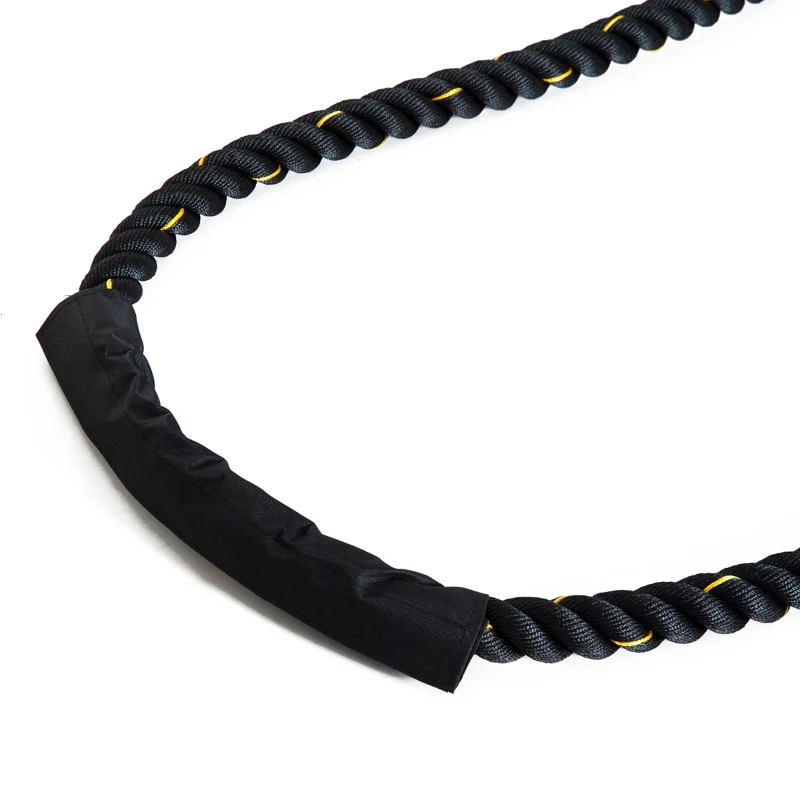 HOMCOM trainingstouw fitnesstouw schommeltouw met warm krimpende handgrepen, waterdicht, weerbestendig en schijfvast voor spieropbouw kracht uithouding crossfit 100% polyester zwart + geel Ø 38 mm x 9 m