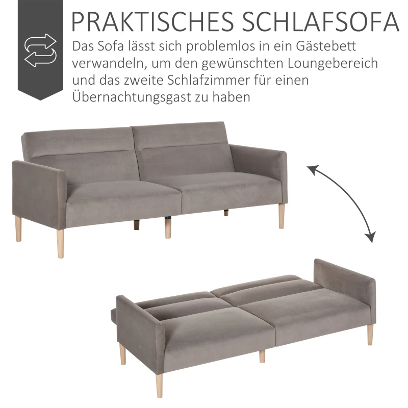 HOMCOM Schlafsofa Polstersofa mit 180° einstellbarer Rückenlehne 2 sitzer Sofa Schaumstoff Velvet-Touch nordischer Design Grau 207 x 85 x 82 cm