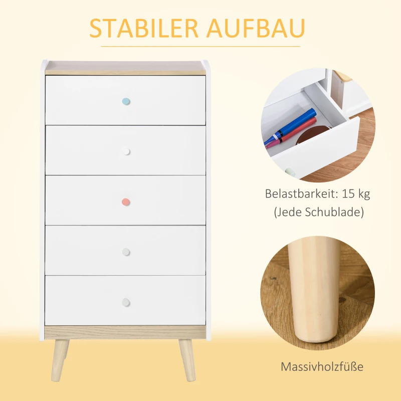 HOMCOM Kinder Kommode mit 5 Schubladen Griff Schubladenschrank für Kinder ab 3 Jahren Kinderschrank mit Antikippvorrichtung Kiefer MDF Weiß 55 x 36 x 108 cm