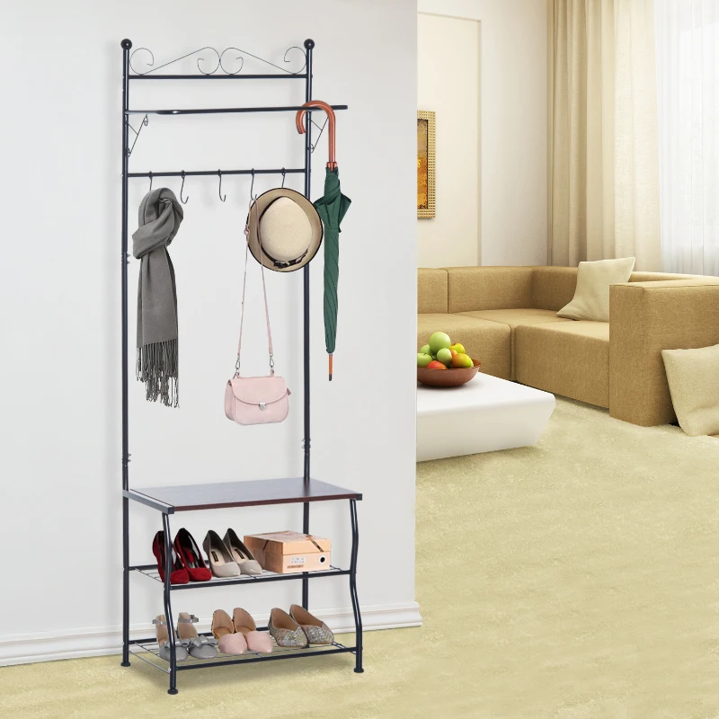 HOMCOM Garderobenständer Kleiderständer Garderobe mit 3 Schuhablagen 5 Haken Flur Stahl Schwarz L60 x B35 x H175cm