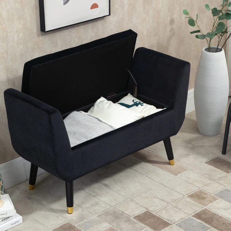 HOMCOM Luxury Ottoman Bench with Storage Armrests Trunk Bench Velvet-like Polyester Rubberwood Black 107 x 42 x 65 cm
