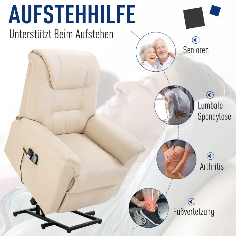 HOMCOM elektrischer Aufstehsessel Massagesessel mit Vibrierendemassage Heizfunktion Sessel mit Aufstehhilfe relaxsessel mit Fernbedienung PU-Leder Cremeweiß 93 x 95 x 106 cm
